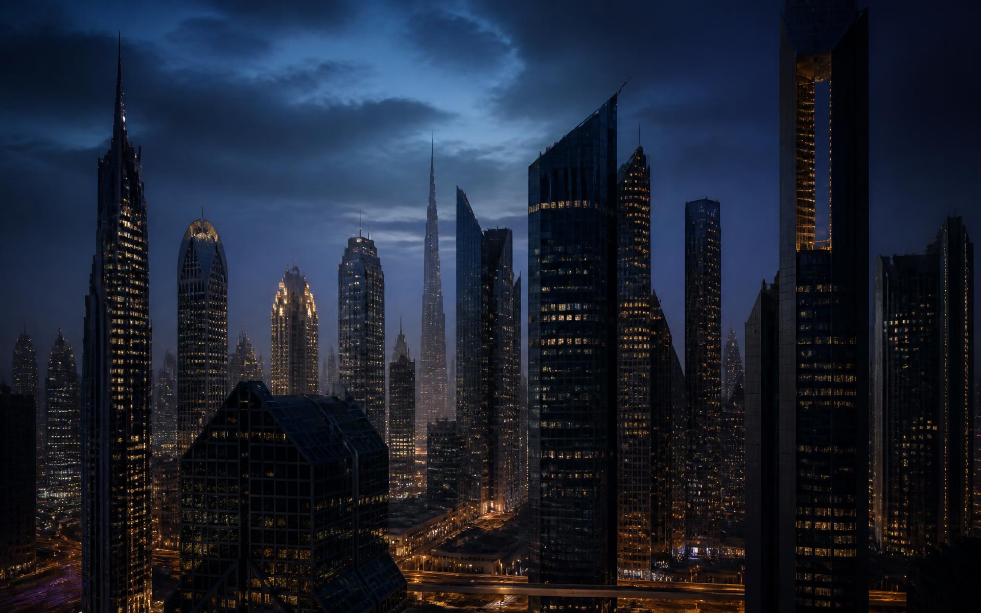 Dubai financial district skyline at dusk